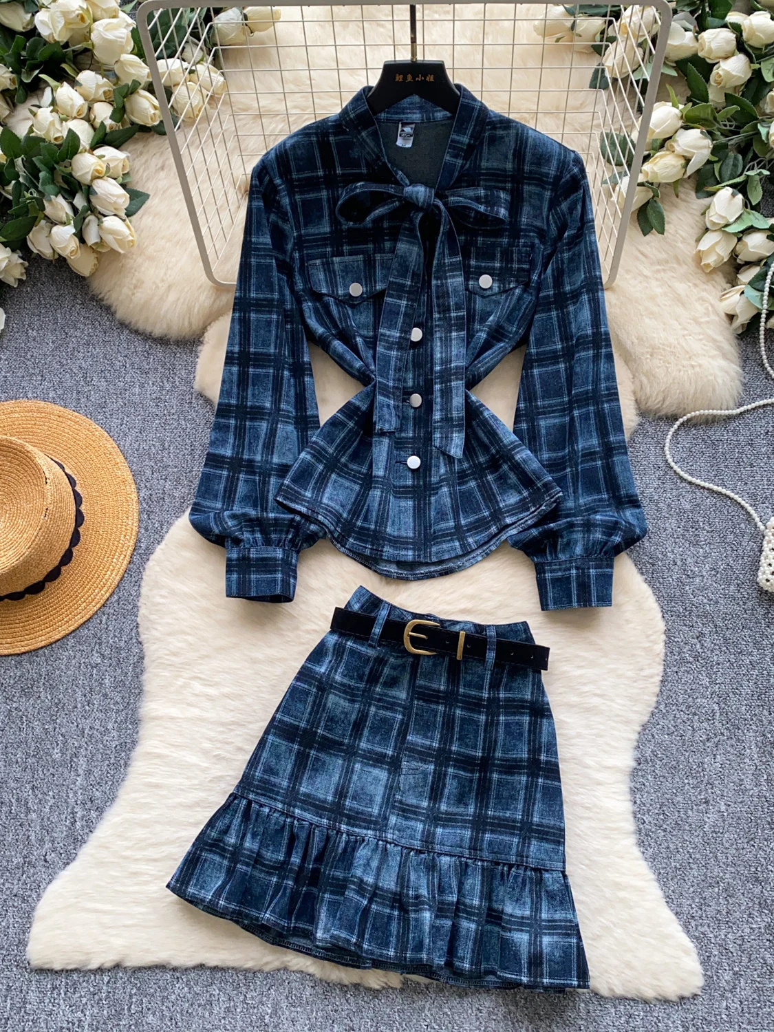 Elegant Plaid Coat And Skirt Set Women's Autumn Fashion High Waist Bell Sleeve Ensemble Commute Style Casual Wear