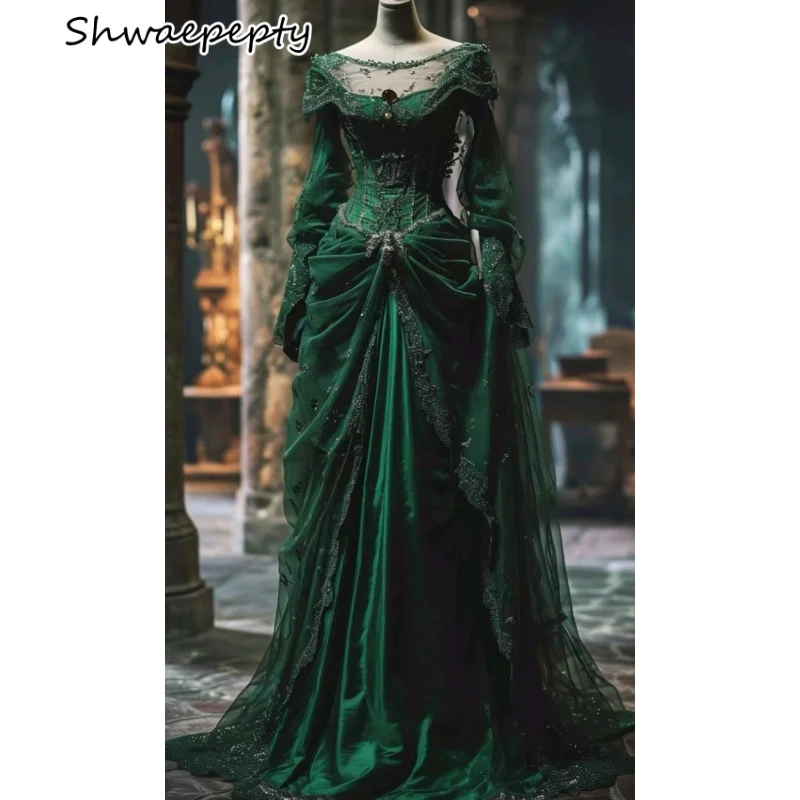 فستان حفلة موسيقية أخضر فيكتوري عتيق بأكمام طويلة مكشكش على شكل حرف a طويل من التل فستان تنكر مخصص للمناسبات الخاصة 2025