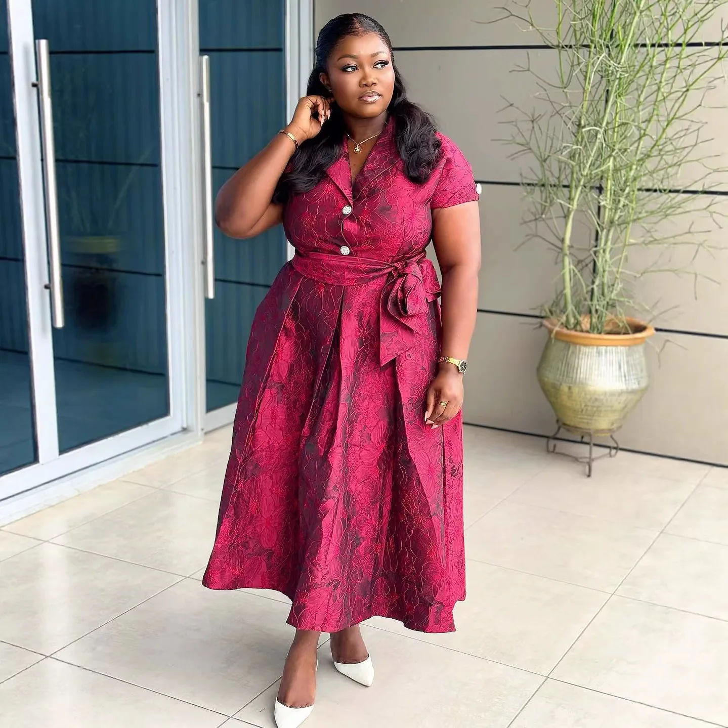 QMANSHA Plus Size Burgundy Jacquard Shirt Dress for Women Notched Lapel Belted A-Line Midi Formal Office Evening Party Dress