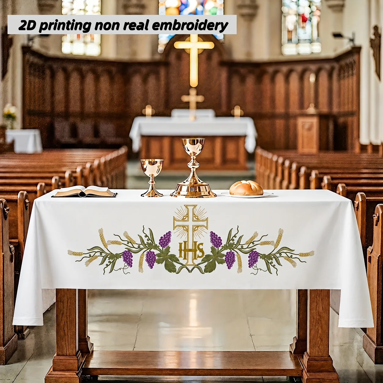 1pc Christian Church Altar Tablecloth with IHS Cross Wheat and Grape Print Waterproof Polyester Church Service Table Cover