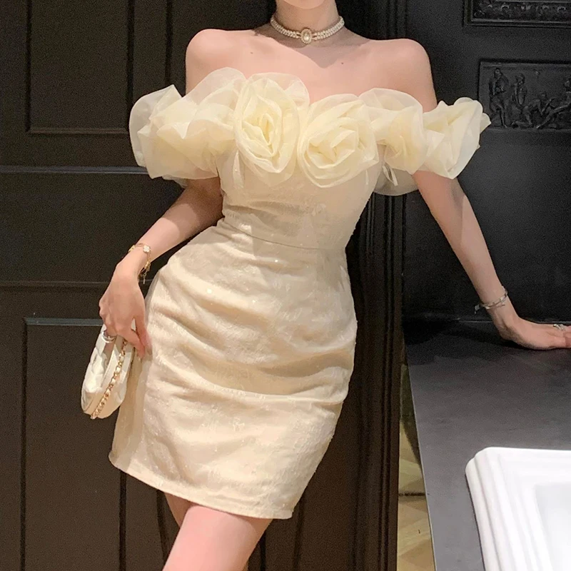 Vestido rosa con hombros descubiertos, minivestido ajustado de cintura alta, vestidos de fiesta sexys de moda de Color sólido para mujer