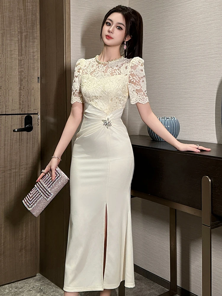 エレガントな社交家誕生日パーティードレス女性フレンチスタイルパールシアーレースひだスリットフィッシュテールローブファムイブニングウエディングドレスvestidos