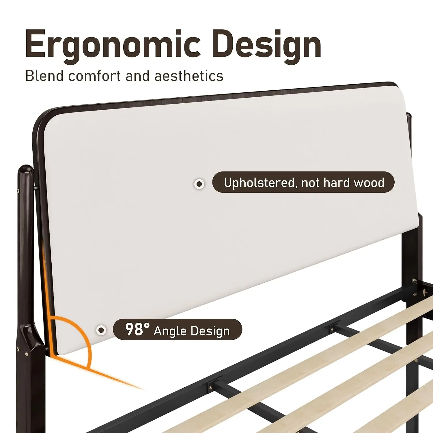 Upholstered King Bed Frame Solid Wood Ergonomic Headboard Wood Slats Noise-Free Easy Assembly No Box Spring Walnut, Customized