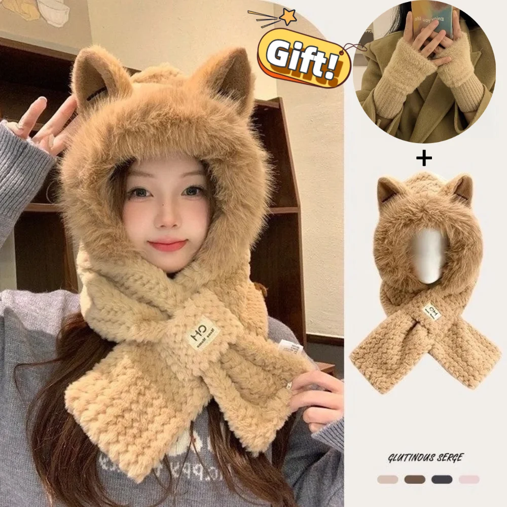 1 pieza de sombreros de bufanda con orejas de zorro lindos de felpa gruesa 360 ° Gorro calentador de orejas y cuello con protección total para mujeres y niñas actividades al aire libre de invierno