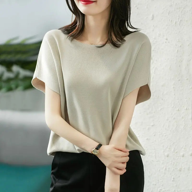 Ice Silk Short Sleeve T-shirt for Female New Summer Solid Loose Elegant Knitting Shirts Temperament Fashion Women Clothing