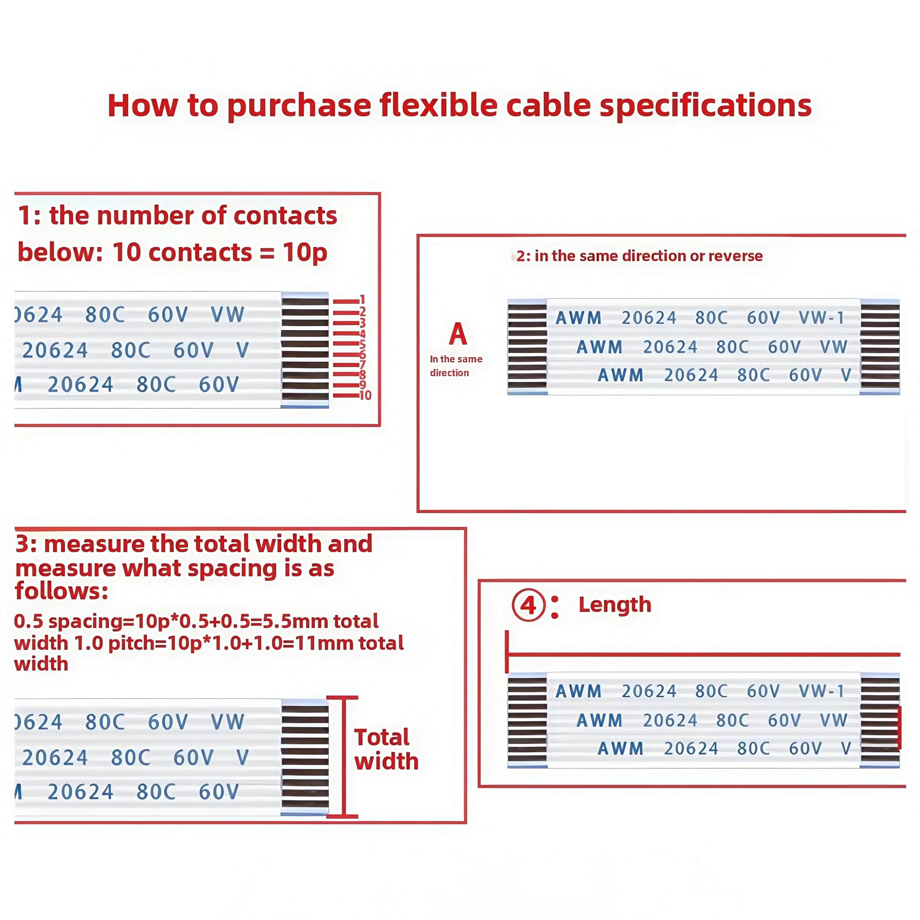 Gold-plated Ffc Fpc Flat Flexible Cable Awm 20706 105c 60v Vw-1 0.5mm Pitch 4p/6/8/10/12/14/16/20/26/30/40/45/50/54/60/68/80 Pin