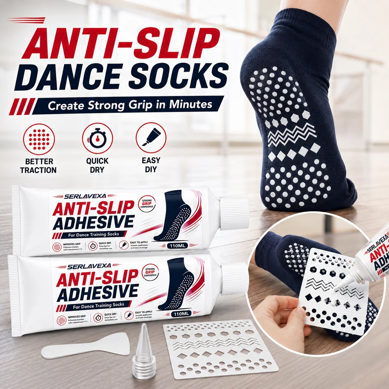 Anti Slip Adhesive for Dance Socks 110ML DIY Sock Grip Gel with Pattern Stencil for Dance Training Ballet Yoga Indoor Use