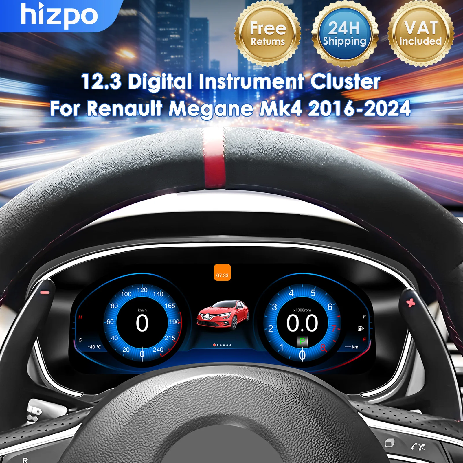 Hizpo 12,3 inch dashboard voor Renault Megane Mk4 2016-2024, instrumentenpaneel, snelheidsmeter, digitaal display, Carplay