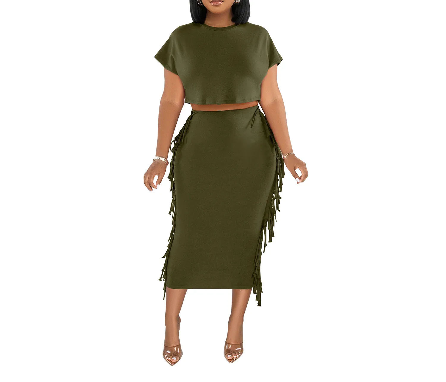 Dresses Set for Women Fashion Solid Color Fringe Round Neck Short Sleeve Shirt and Long Skirt