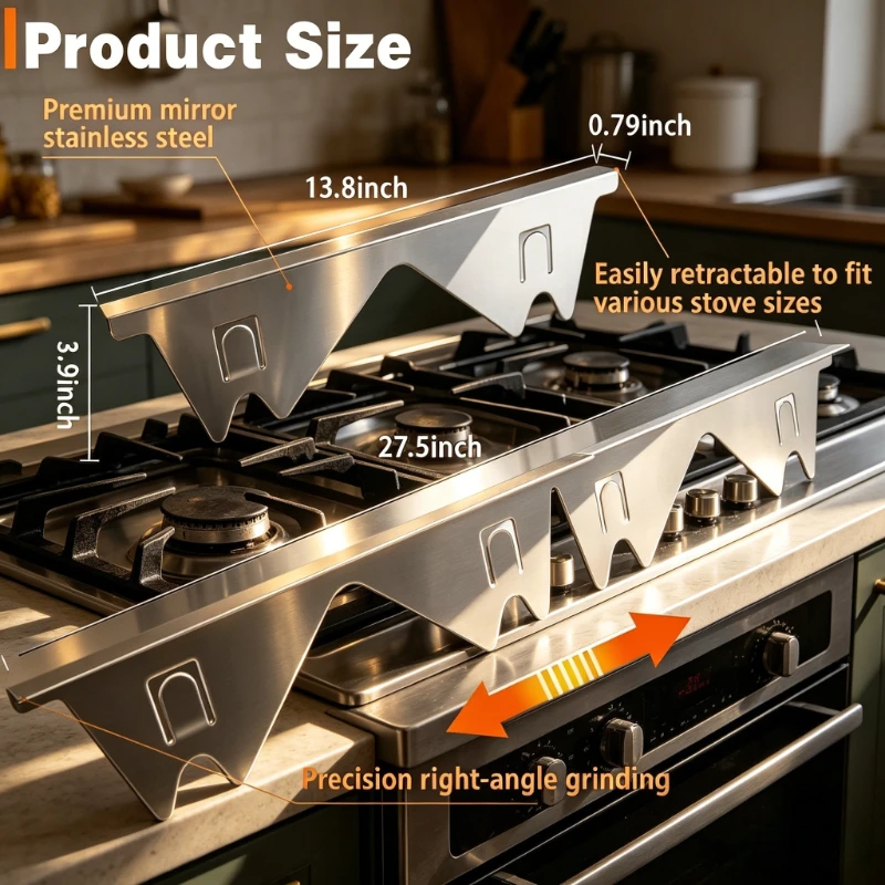 Stainless Steel Stove Gap Cover Adjustable Heat Resistant Kitchen Counter Gap Filler 2 Pack Easy Clean Silver
