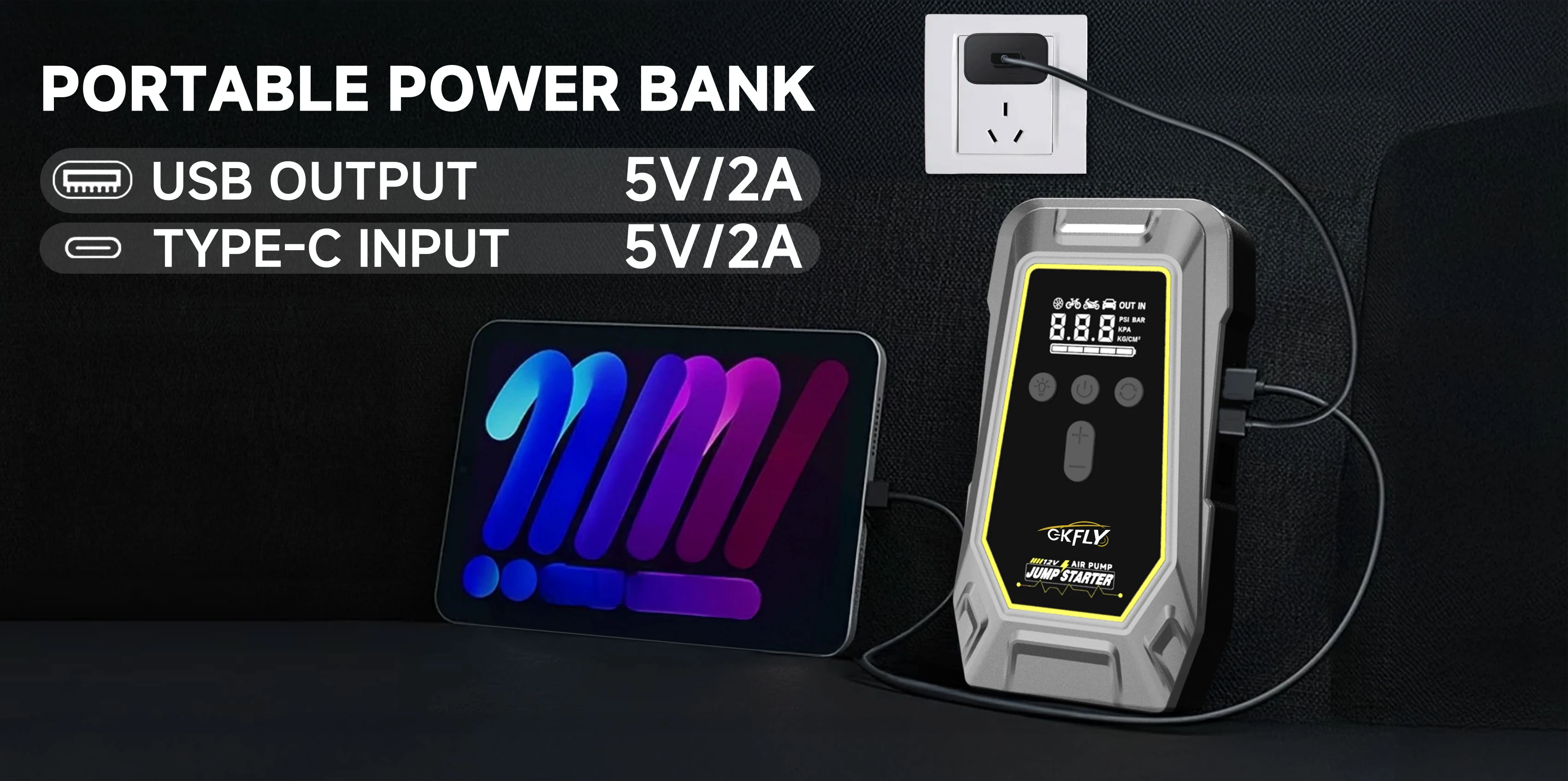 Tragbares 7000A Auto-Starthilfegerät mit 150 PSI Luftpumpe, Powerbank, 4-in-1-Luftkompressor, 12V Autobatterie-/Reifenfüllgerät – Detail 5