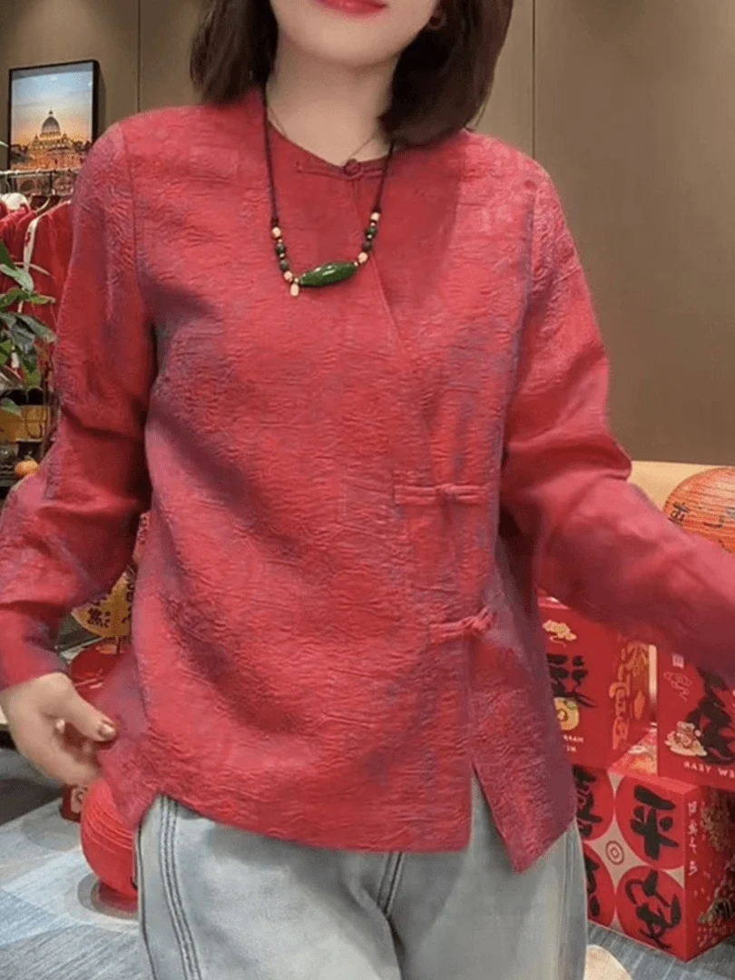 

Красная новогодняя вышитая длинная рубашка-свитер женская осенне-зимняя свободного кроя в новом китайском стиле с боковыми пуговицами, дышащая...