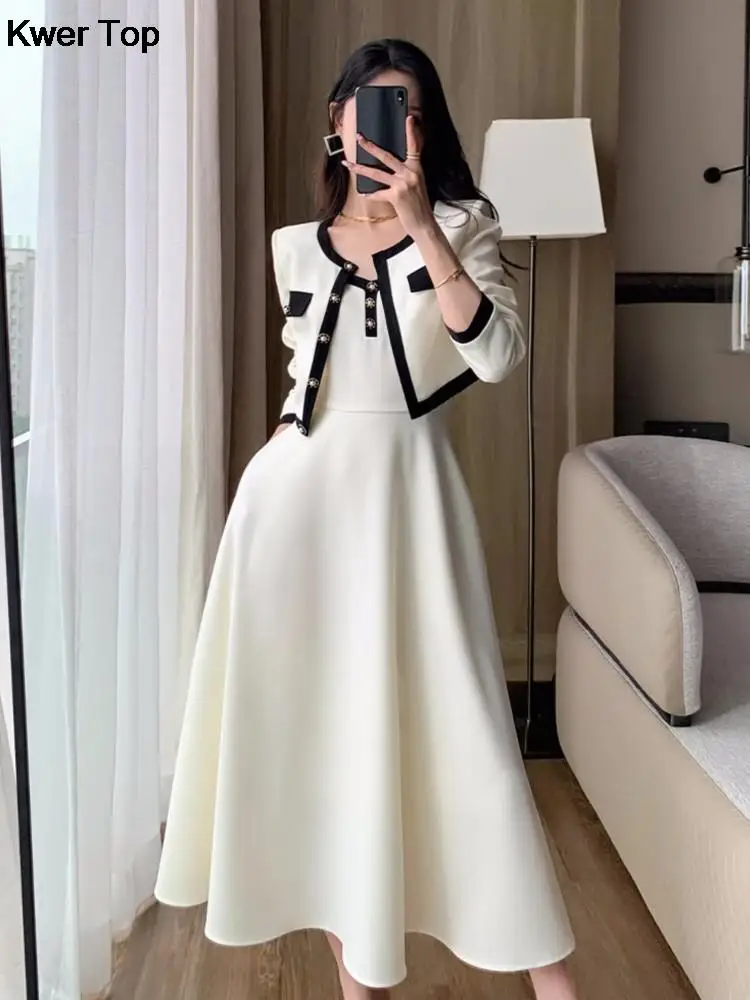 

Elegant Solid Midi Dress 2 Piece Set Office Lady Chic Suit Spring Short Jacket Sleveless A-line Dresses Outfits Korean Clothes