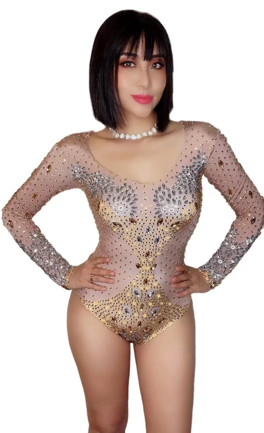 

Performance clothes, nightclubs, bars, female singers, full diamond five degree printed hollowed out long sleeved high fork seri