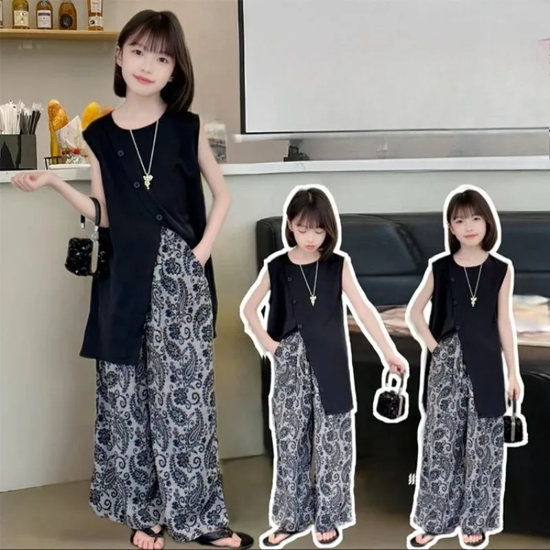 

Girls Clothing Set Children Casual Tank Top+Wide Leg Pants Two Piece Set Kids Summer Floral Print Set 2025 New