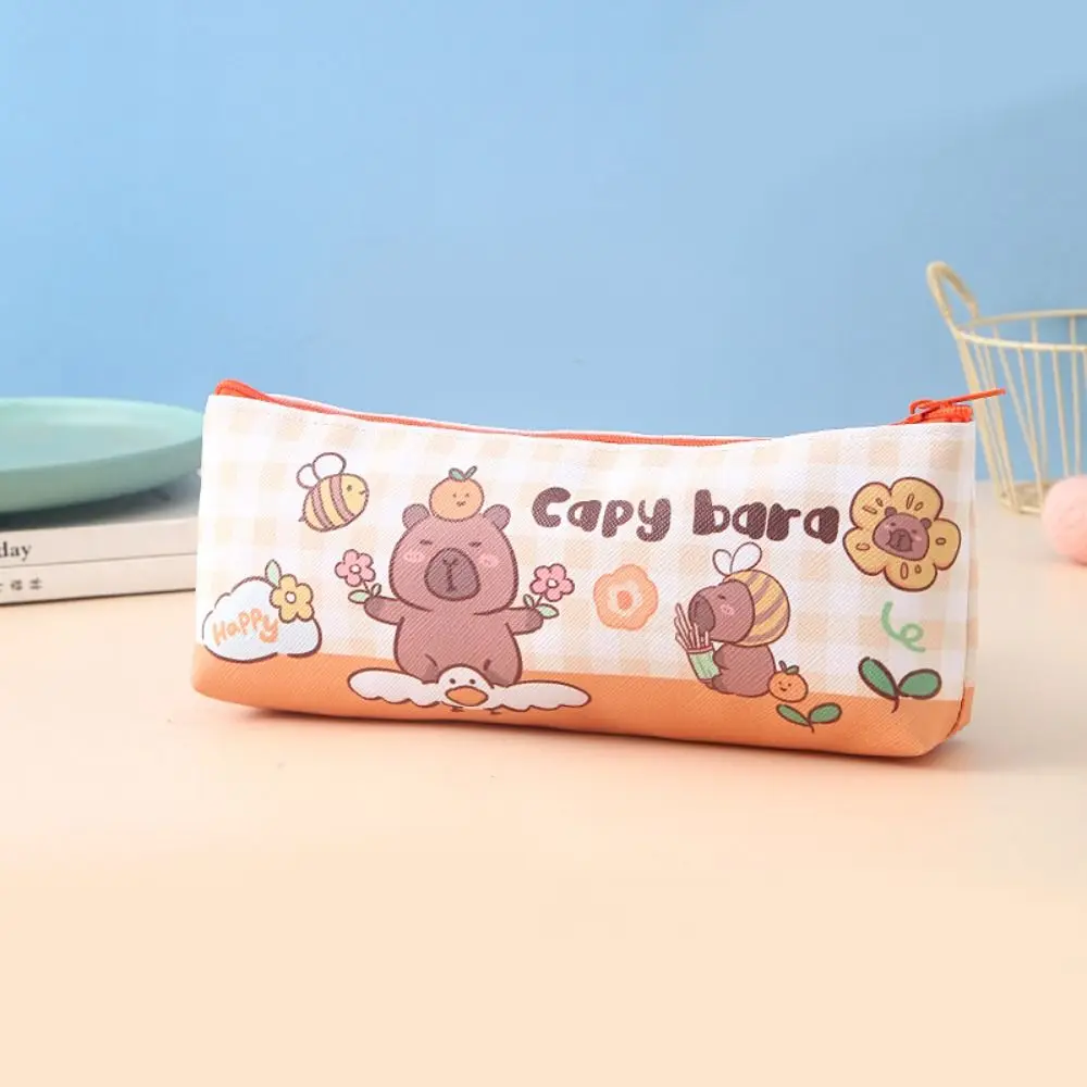 Tas penyimpanan Capybara dompet koin garis bunga kartun Makeup tas lipstik kulit PU tahan air tas tangan persegi kecil luar ruangan