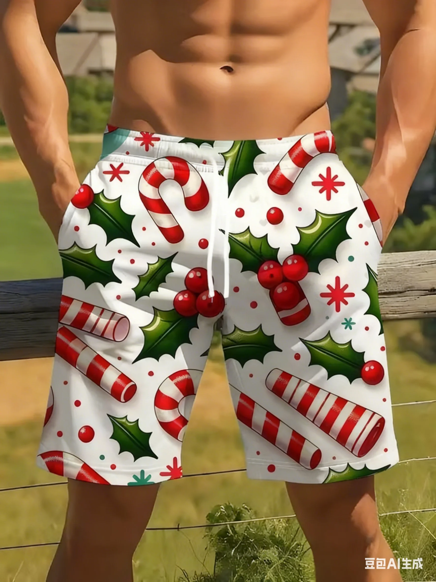الرجال عيد الميلاد سروال سباحة قصير الأحمر والأبيض ندفة الثلج هولي مطبوعة سريعة الجافة بحر عطلة الصيف عطلة هاواي الرجال السراويل
