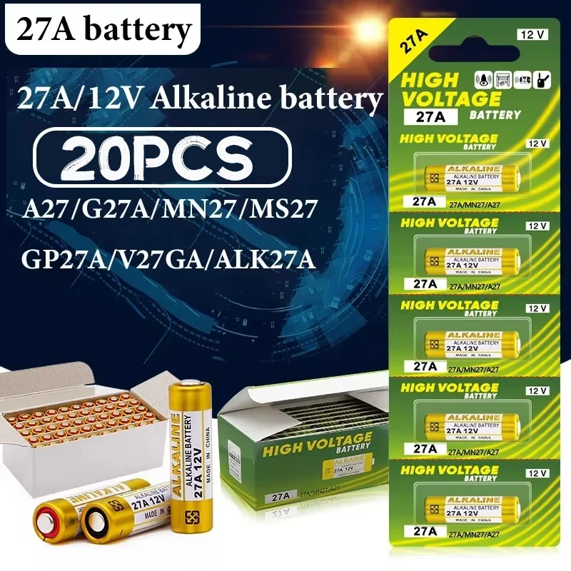 

20PCS Alkaline Battery 12V A27 27A G27A MN27 MS27 GP27A L828 V27GA ALK27A A27BP K27A VR27 R27A for Alarm Remote Control Dry Cell