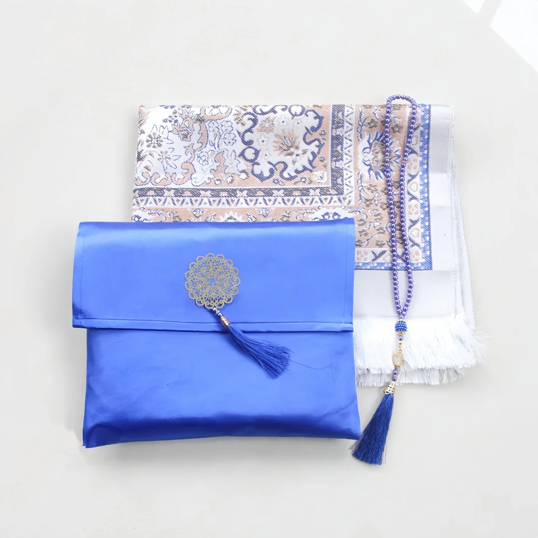 Satin handbag prayer mat, satin floral printed mat strap, prayer mat set including 33 beads for home and outdoor use