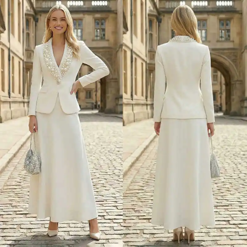 Luxury Pearls Women Suits 2 Pieces Jacket Skirt One Button V-Neck Crystal Formal Business Banquet Party Customized