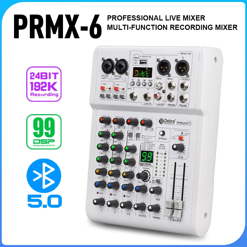 

Аудиомикшер Debra PRMX-6 с Bluetooth 5.0, DJ-консоль, 99 DSP-эффектов для живых выступлений, портативный студийный микшер
