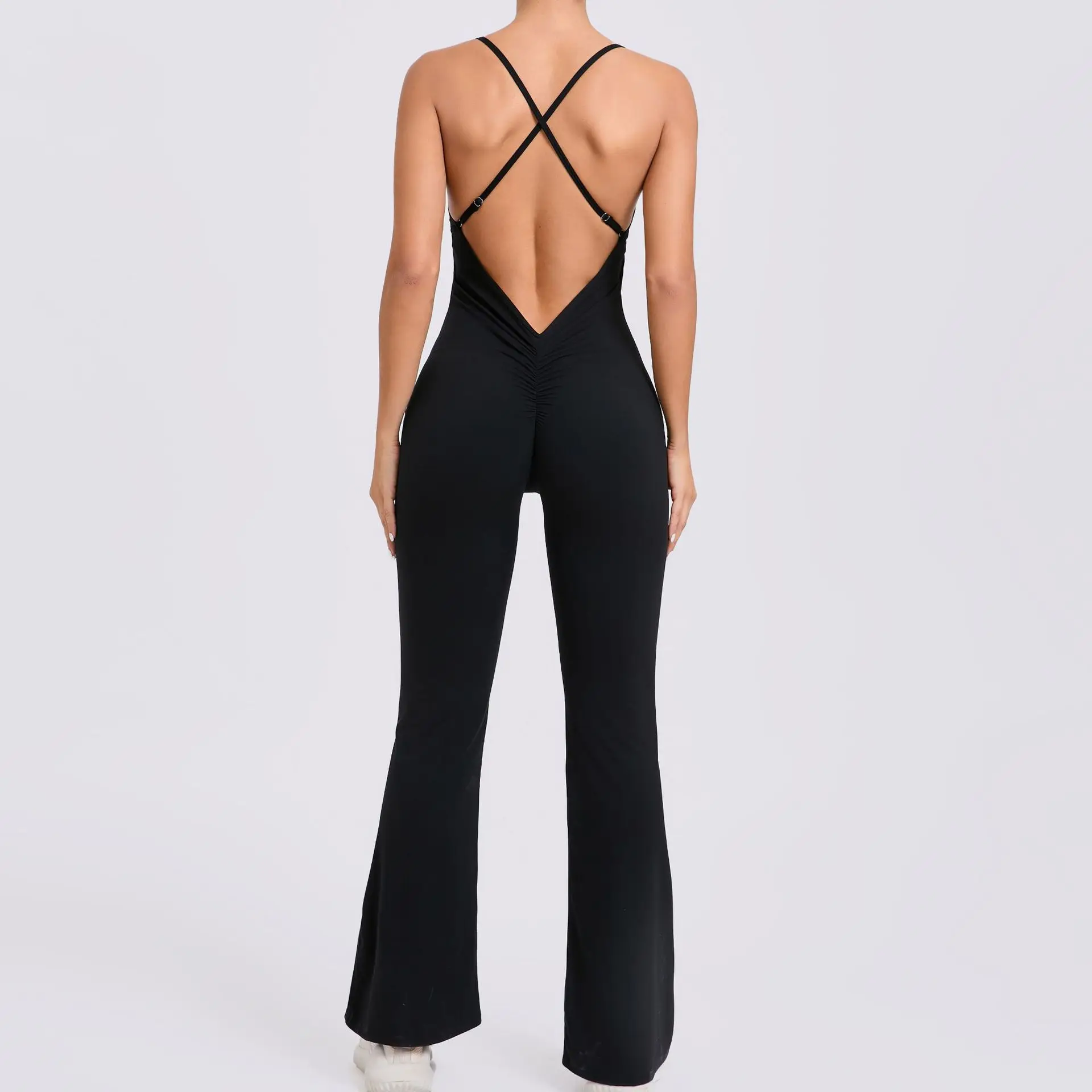 Backless Yoga One Piece Suit Sports Fitness V Back Scrunch Hip Training Rompers Workout Bodycon Jumpsuit Sporty Playsuit Gym Set