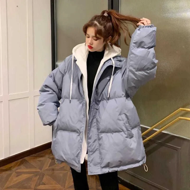 2023 Winter New 300 Pounds Fat mm Fake Two Korean Version of Student Bread Clothes Thickened Cotton-Padded Female Coat Tide ins