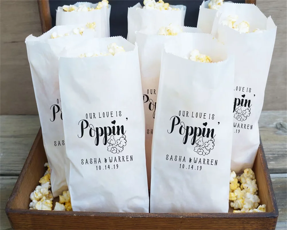 50 PCS Popcorn Wedding Favor, Engagement Party Favor Bags, Popcorn Bar, Bridal Shower - Grease Resistant - Customized, Personal