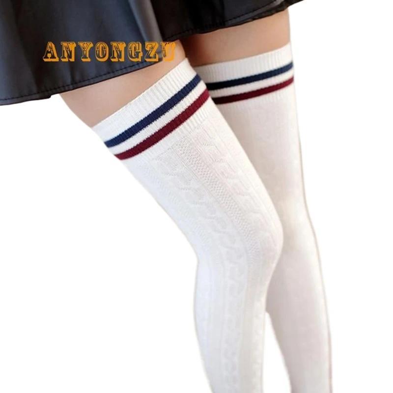 

Autumn And Winter Two Bars Combed Cotton Tube Stockings College Style High Tube Over The Knee Adult Stockings 3pair/lot