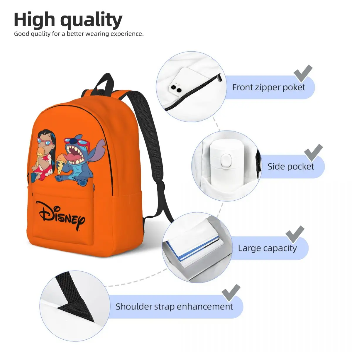 New Lilo Eating Ice Cream Knapsack Journey Sturdy Shoulder Disney Cartoon Character Stitch Male Lady Rucksack For Gifts