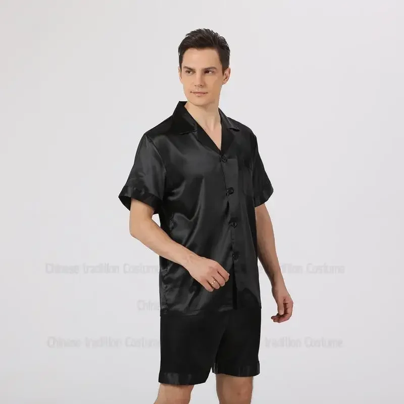 Black Shorts Set Men Sleepwear Ice Silk Home Clothes Short Sleeve Pajamas Suit 2Pcs Loungewear Male Satin Nightwear Solid Pjs