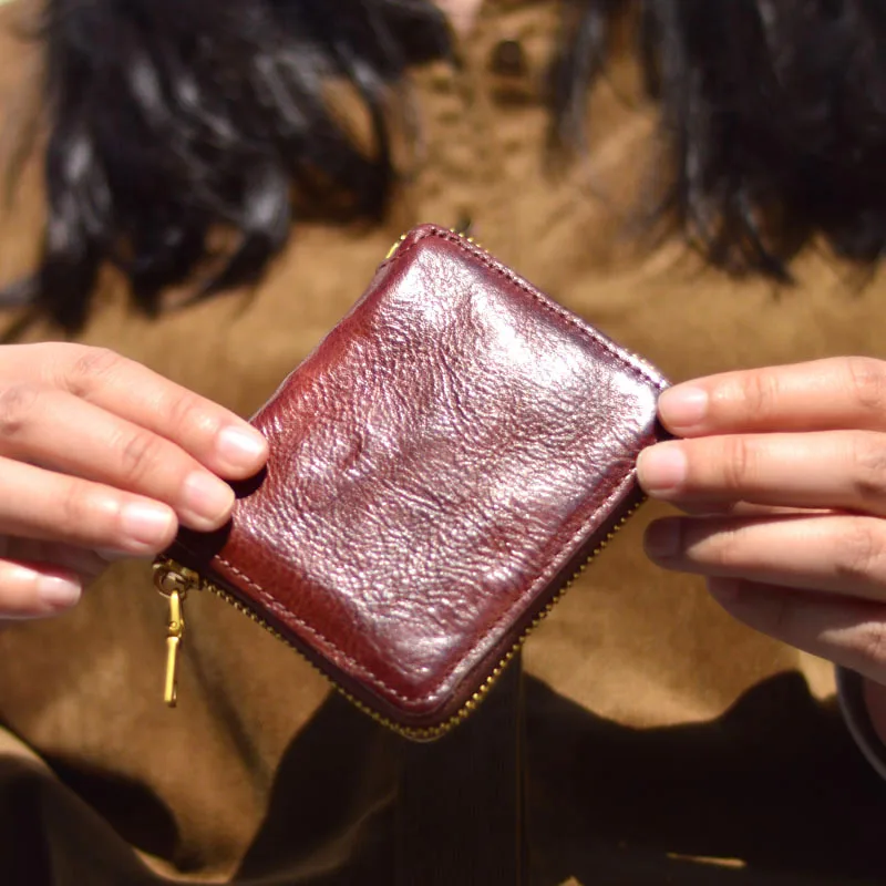 Original Design Vintage Folded Short Zipper Wallet Top Layer Cowhide Men's Youth Trendy Crossbody Purse Chinese Brand