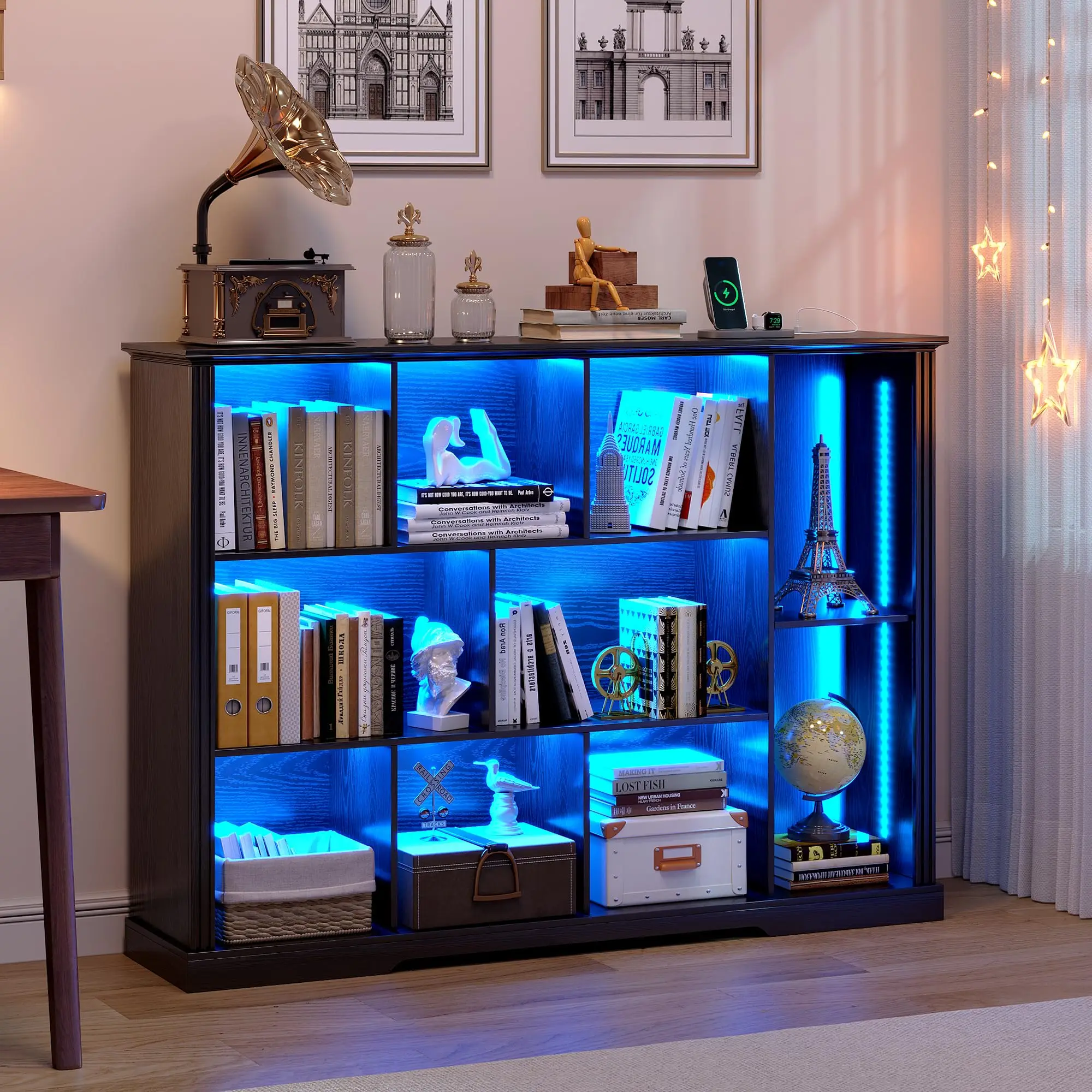 LED Bookcase with Charging Station & Motion Sensor, Black