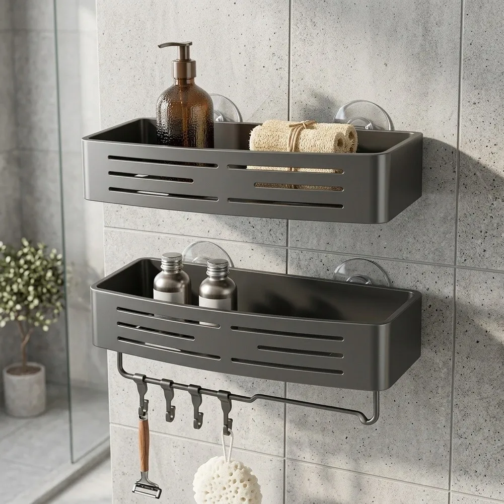 Bathroom Shelf with Extra Strong Suction Cups Space Aluminum Rust Resistant for Shampoo Conditioner Towels Hooks 13x5.7x2in