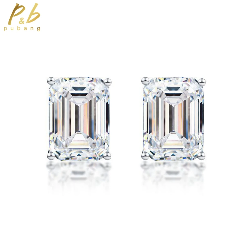 

PuBang Fine Jewelry Emerald Cut Gem Stud Earrings 925 Sterling Silver Created Moissanite for Women Engagement Gift Free Shipping