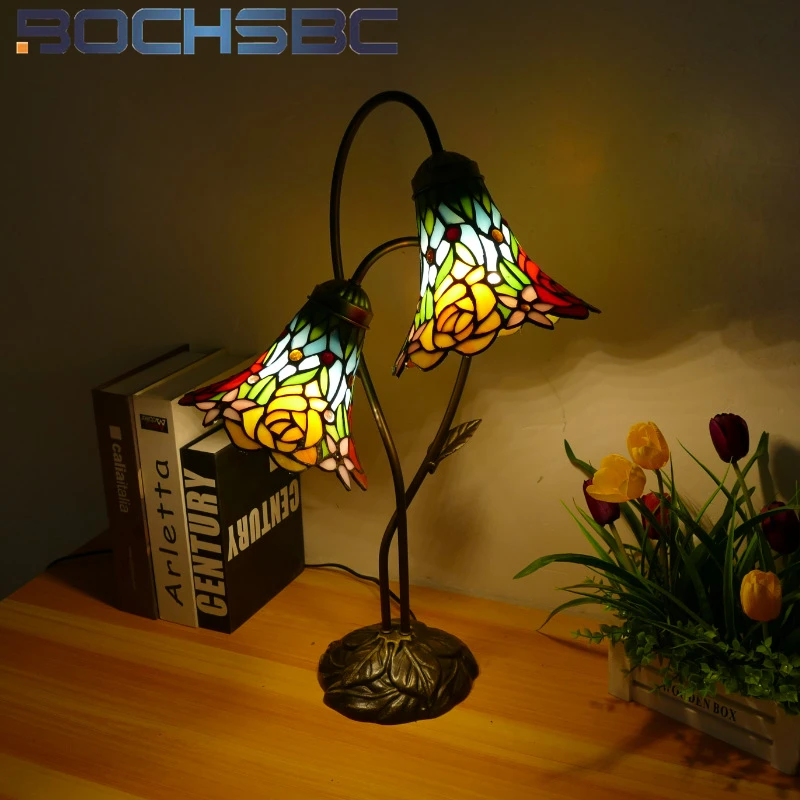 

BOCHSBC Tiffany style stained glass modern simple retro desk lamp for nostalgic bedroom bedside lamp study dining room LED decor