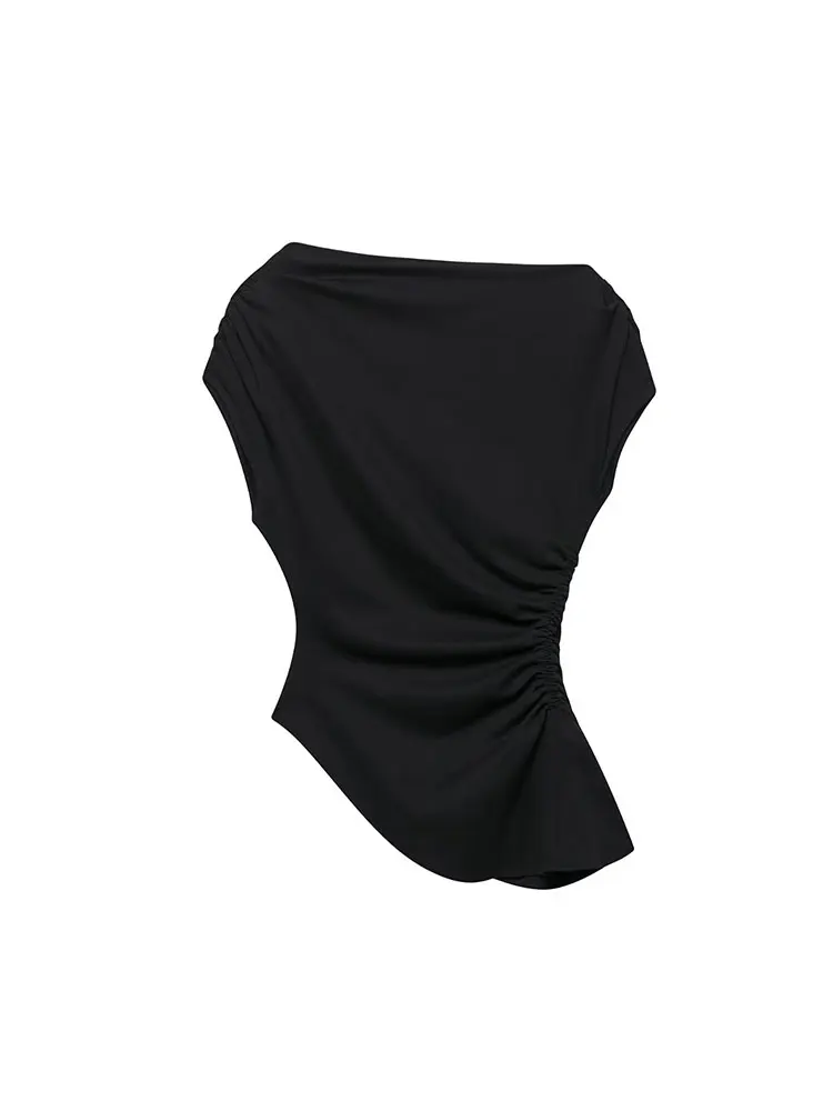 Nlzgmsj 2025 قطع علوية نسائية صيفية مكشكشة غير متماثلة قطع علوية قصيرة غير رسمية بدون أكمام ملابس الشارع الشهير