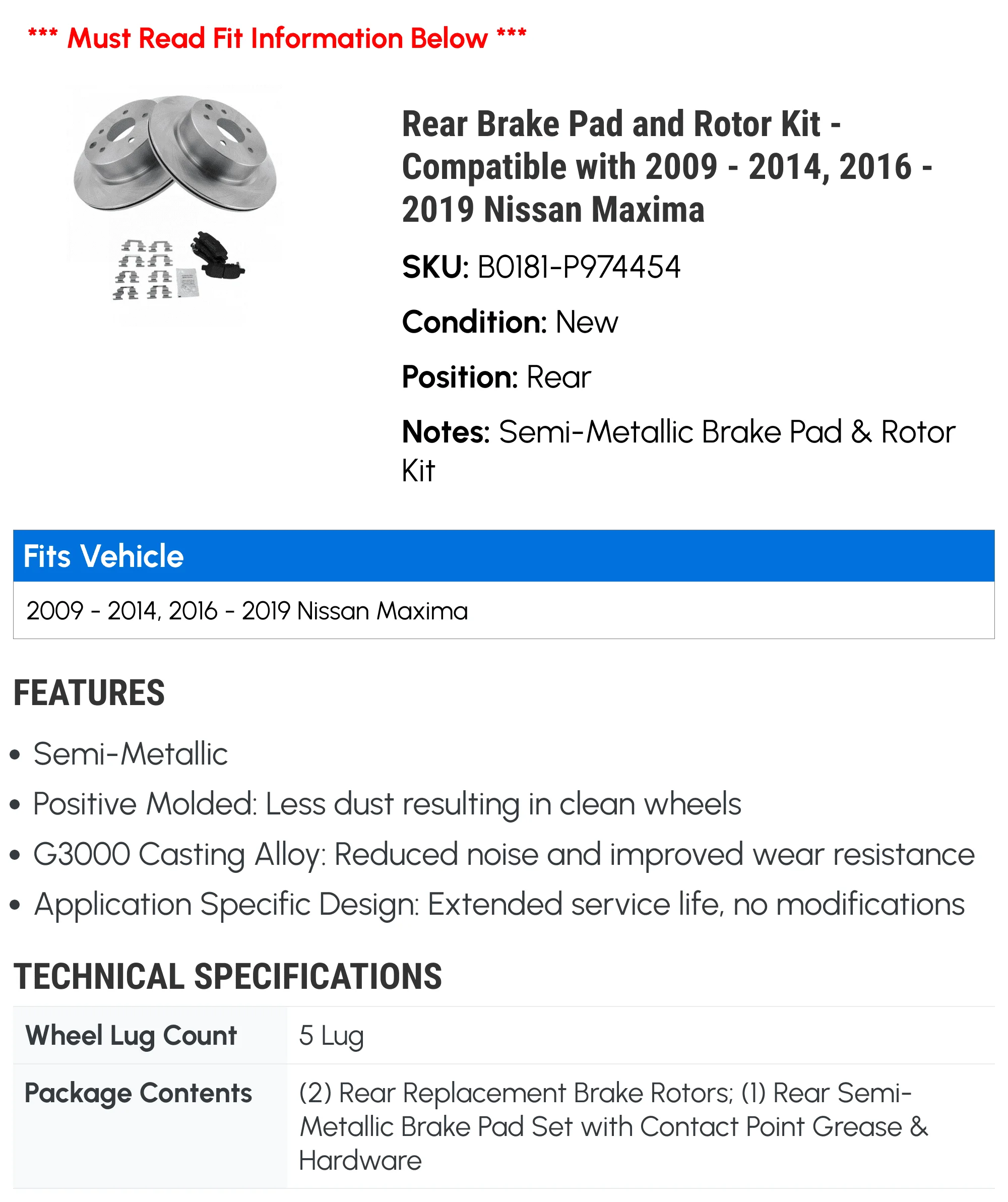 Kit pastilha de freio traseiro e rotor - compatível com Nissan Maxima 2009 - 2014, 2016 - 2019 2010 2011 2012 2013 2017 2018