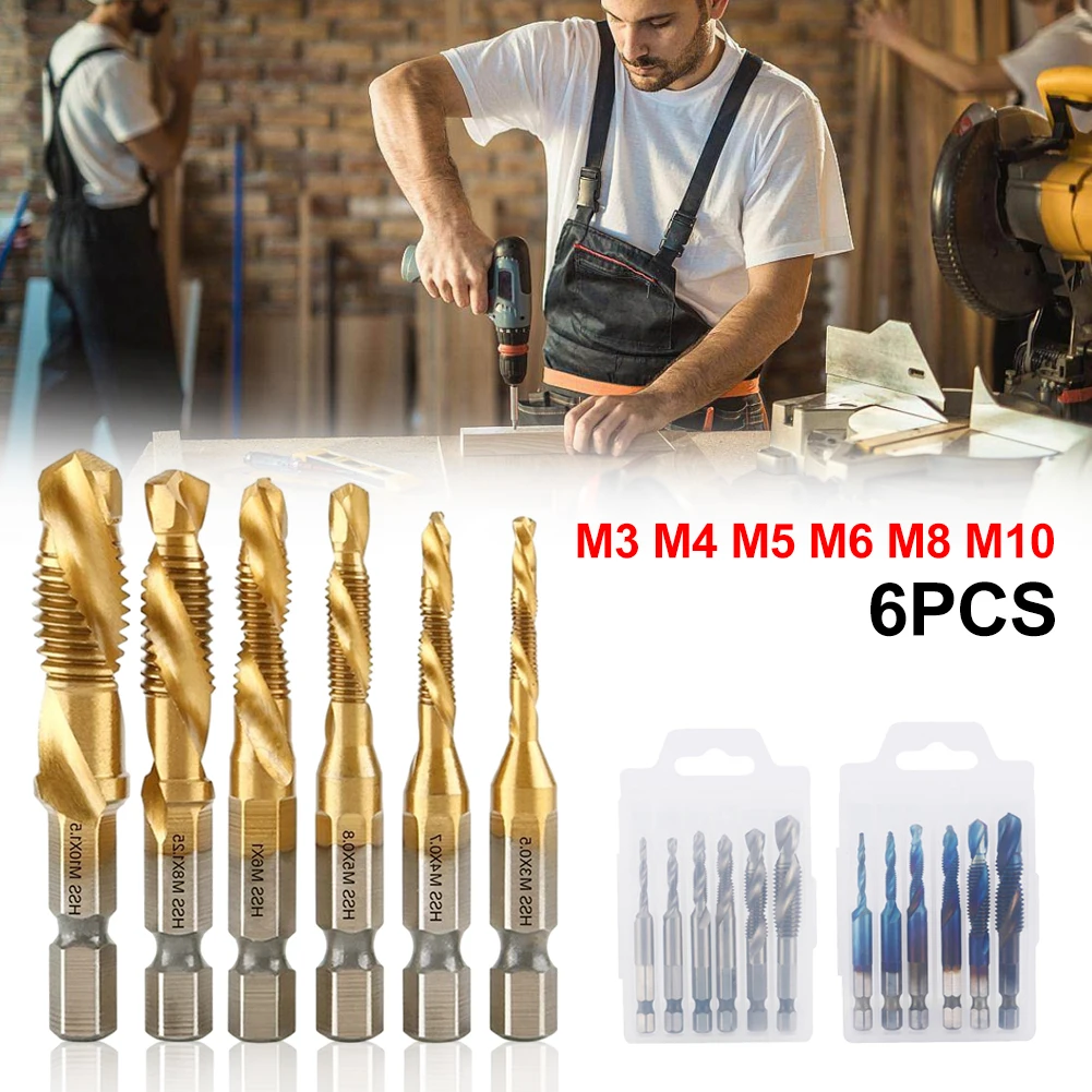 

1/6Pcs Tap Drill Bit Set Hex Shank Titanium Plated HSS Screw Thread Bit Screw Machine Compound Tap M3 M4 M5 M6 M8 M10 Hand Tools