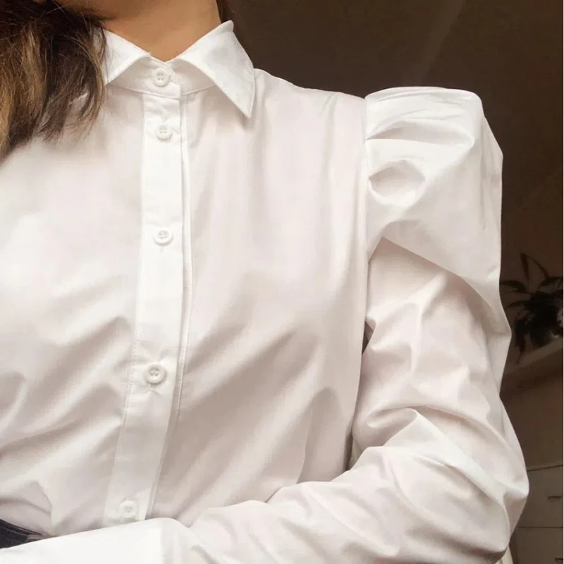 Spring Autumn Fashion Turn-down Collar Puff Sleeve Solid Color French Women\'s Clothing Blouses Casual Sweet All-match Y2K Shirts