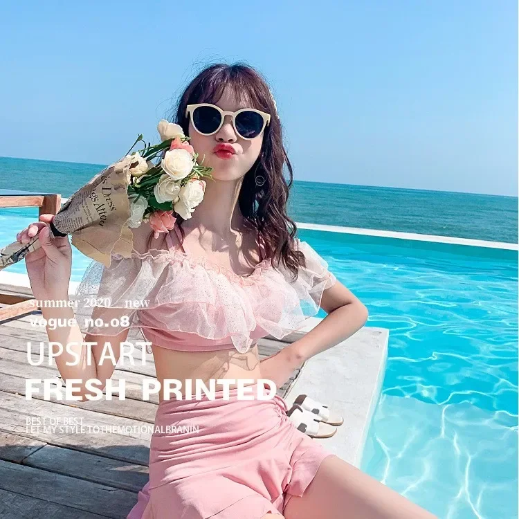 2023 뉴 여름 섹시한 귀여운 비키니 핑크 스위트 슈트 연령 감소 슬림 피트 백 레스 여성 2 피스 하이 웨이스트 수영복