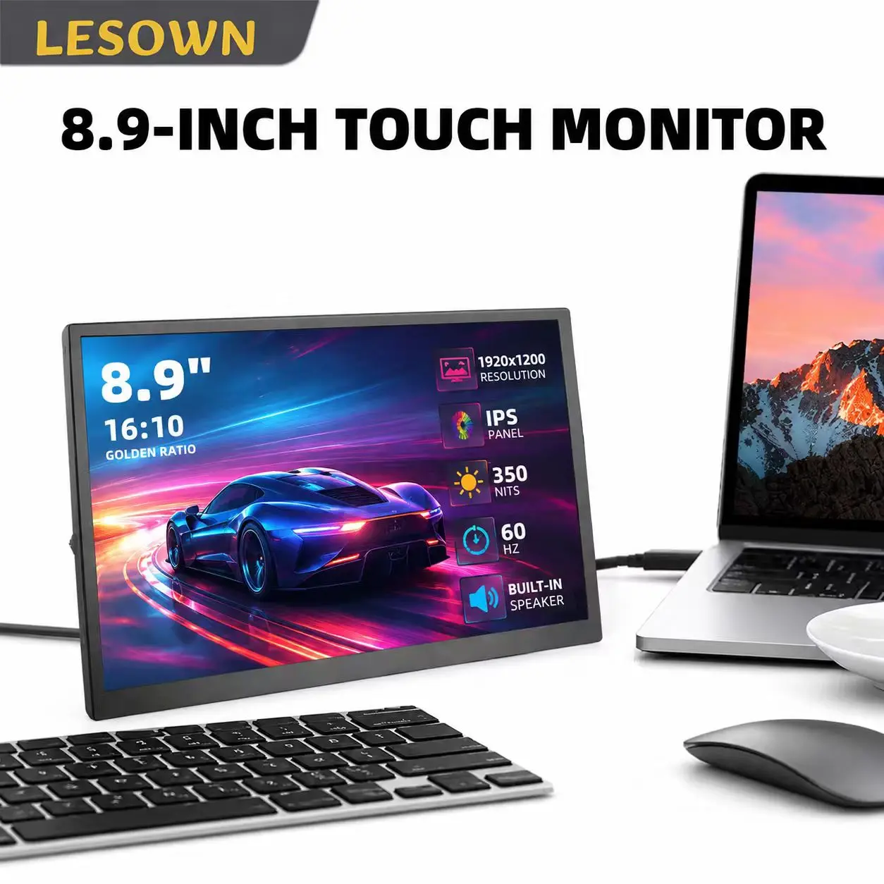 LESOWN External Mini PC Monitor 8.9" 16:10 60Hz Aluminum Portable Display VESA 75 miniHDMI for Mac Studio Desktop Rig