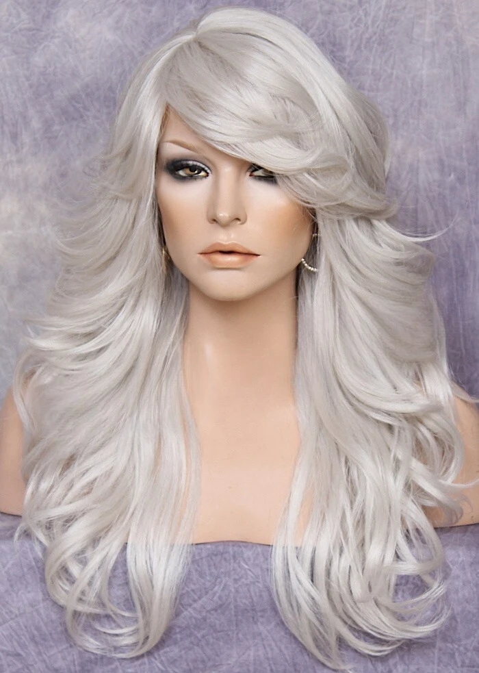 

hair blend Full Wig Grey Wavy Bang Heat OK Feather Sides WEPX 60