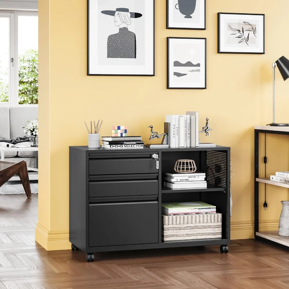 3 Drawer File Cabinet with Lock,Mobile Lateral Filing Cabinet with Side Hook for Letters/Legal/A4, Metal Printer Stand