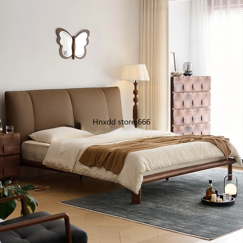 New leather bed master bedroom queen bed premium luxury solid wood bed high-end light luxury