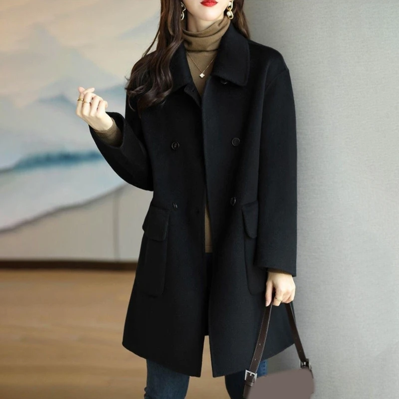 Womens Winter Overcoat Middle-Long Lapel Collar Woolen Coat Outerwear Warm Lady Overcoats Button Down - Image 4
