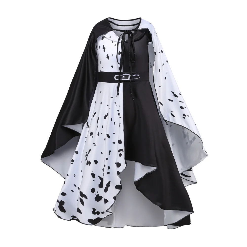 Cruella Deville Costume Kids White Black Dalmatian Vestidos Baby Girls Halloween Party Dress Children Performance Dresses Cloak