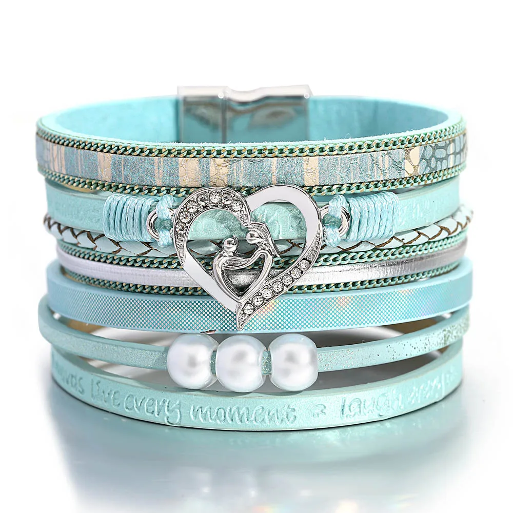 ALLYES Vintage Heart Pearl Multilayer Leather Bracelet for Women Men Boho Wide Wrap Bracelets Charm Jewelry Mothers Day Gifts