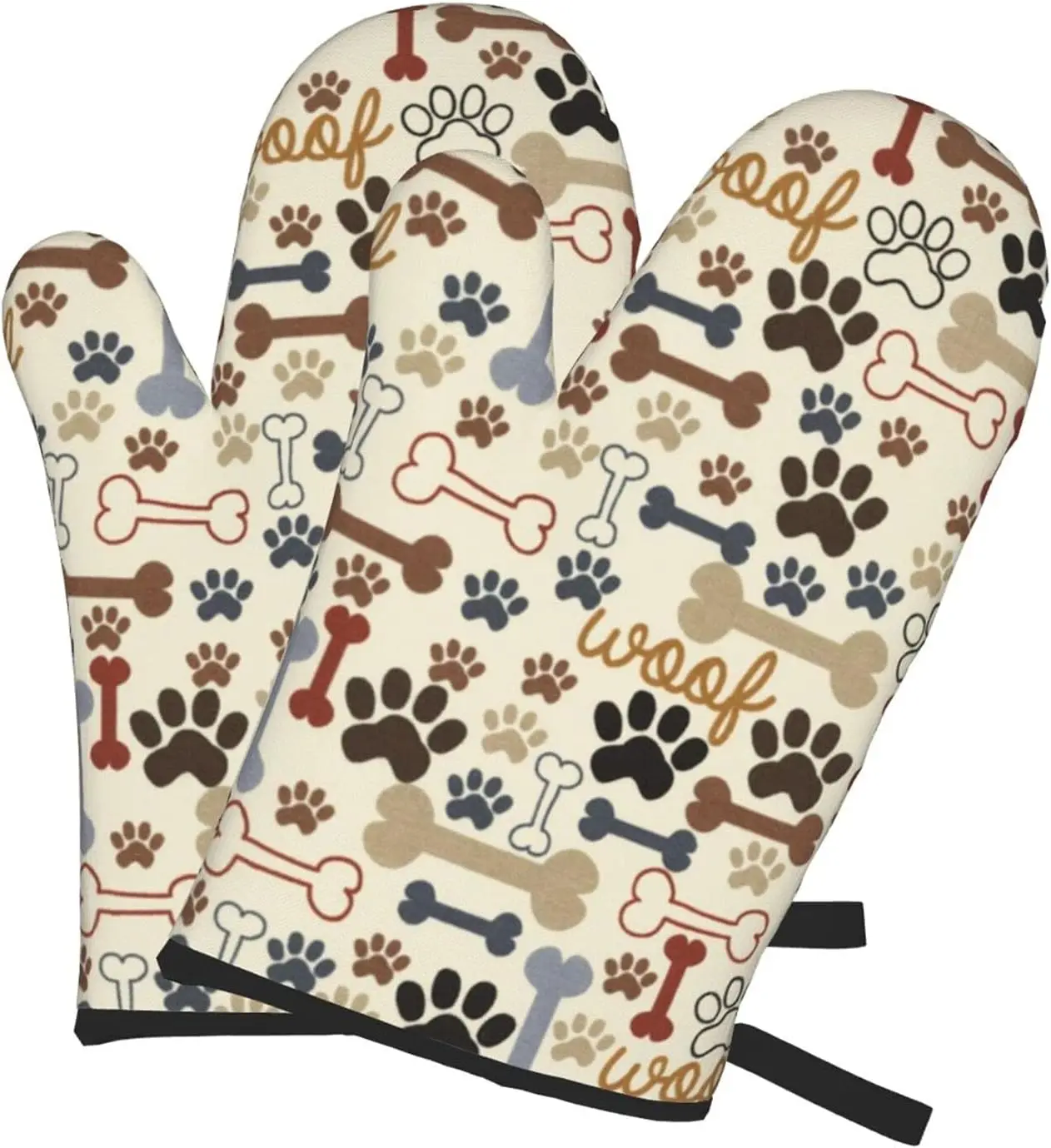 

Dog Paw Prints Bones Microwave Gloves Oven Heat Resistant Non-Slip Waterproof with Soft Cotton Lining for Kitchen Cooking 2pcs