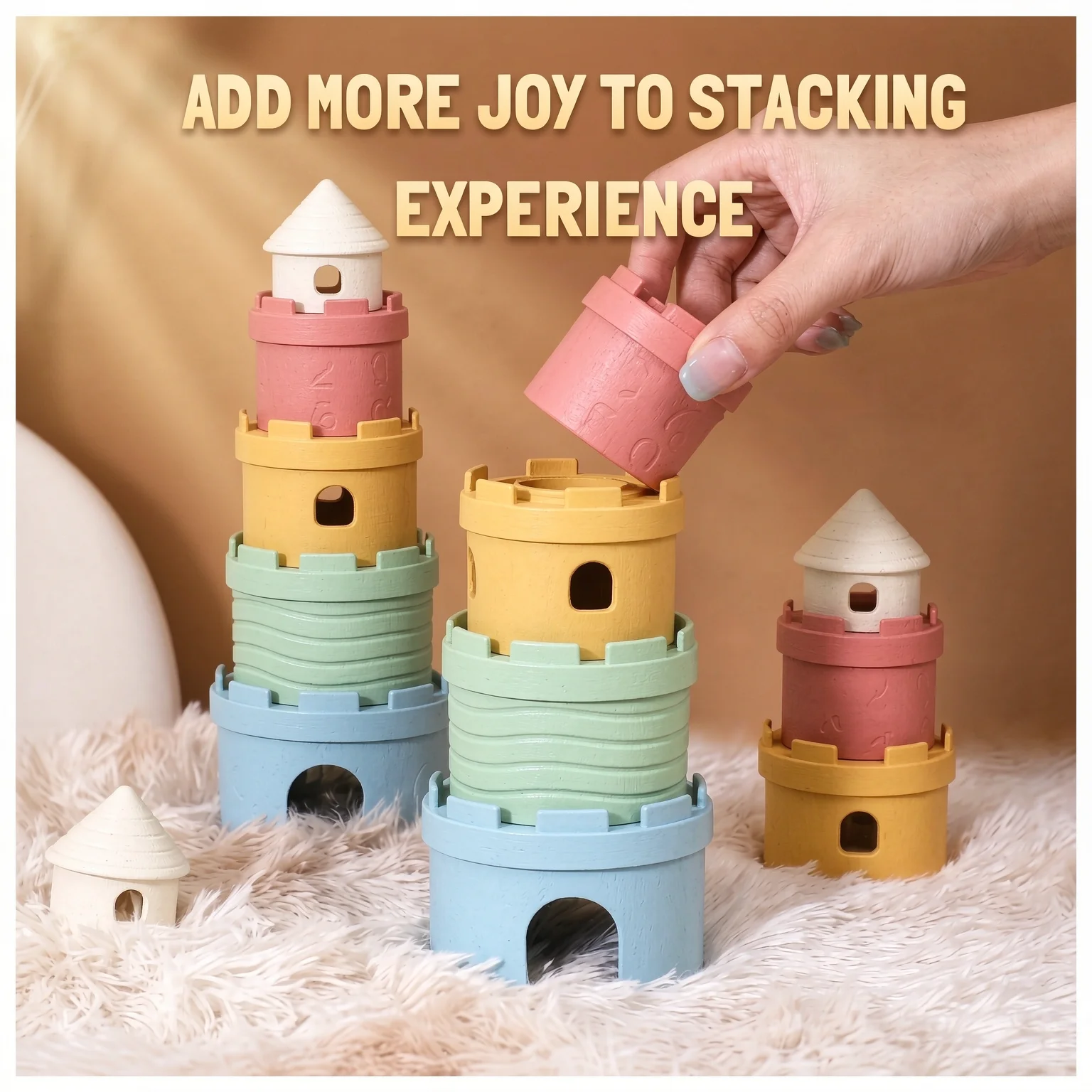 5Pcs Silicone Stacking Cups Teething Toys Set for Babies, Castle Learning Tower for Infants Toddlers Soft Bath Toy 1-3 Years Gif